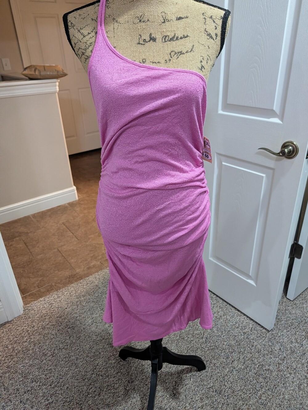 One-Shoulder Pink Ruched Midi Dress